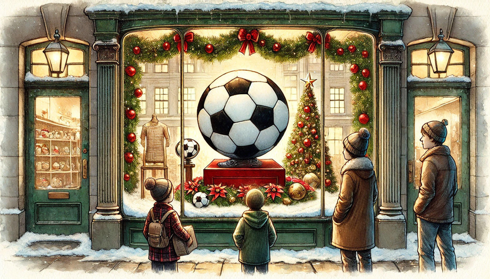 Escaparates de Navidad con decoraci贸n tradicional. Escaparate navide帽o con decoraci贸n de guirnaldas y bolas de Navidad.